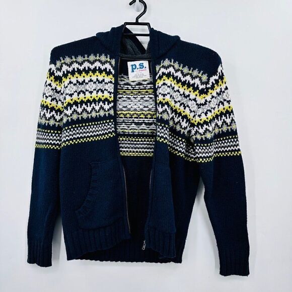 P.S. from Aeropostale Fair Isle Sweater Hoodie Jacket Boys XL Blue White Yellow - Picture 3 of 9